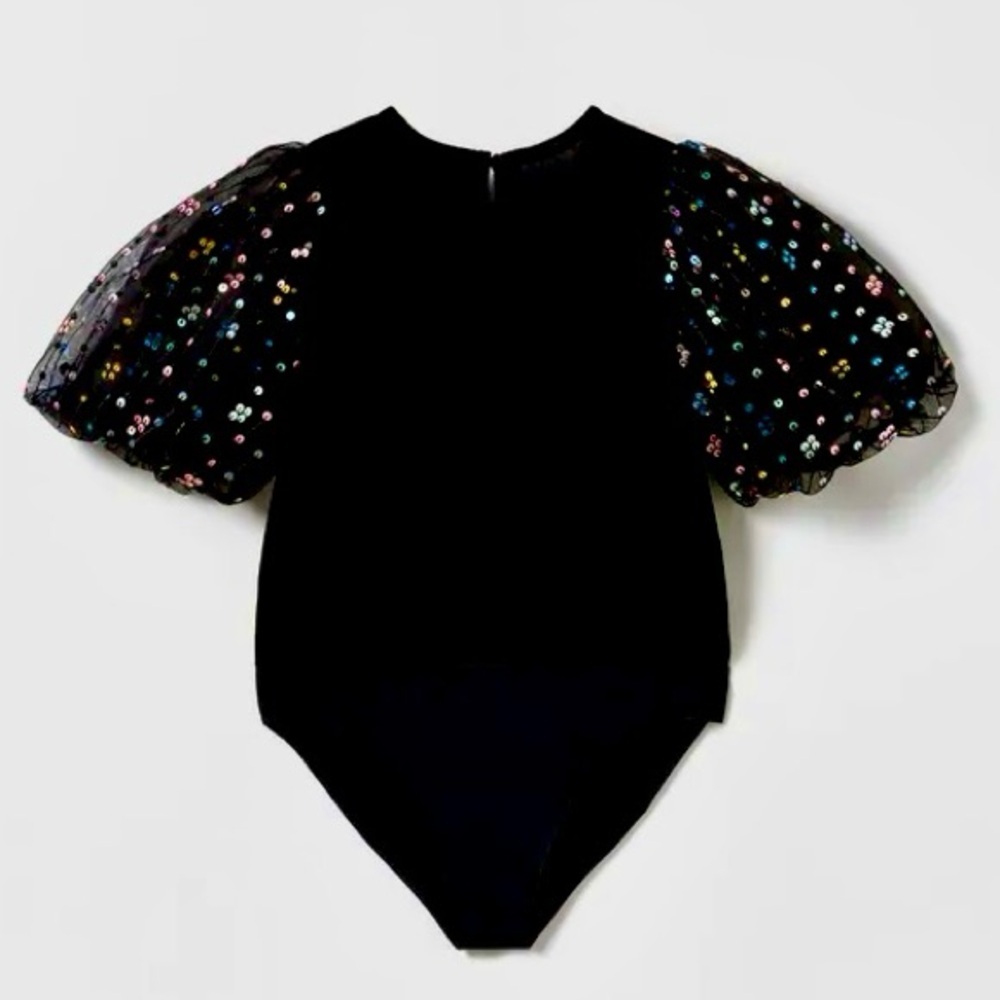 Zara Black Top with Colorful Puff Sleeves